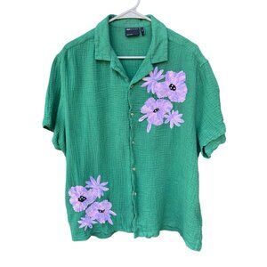 Men's ASOS Design Green Crinkle Button Shirt Size XL Lavender Floral Applique